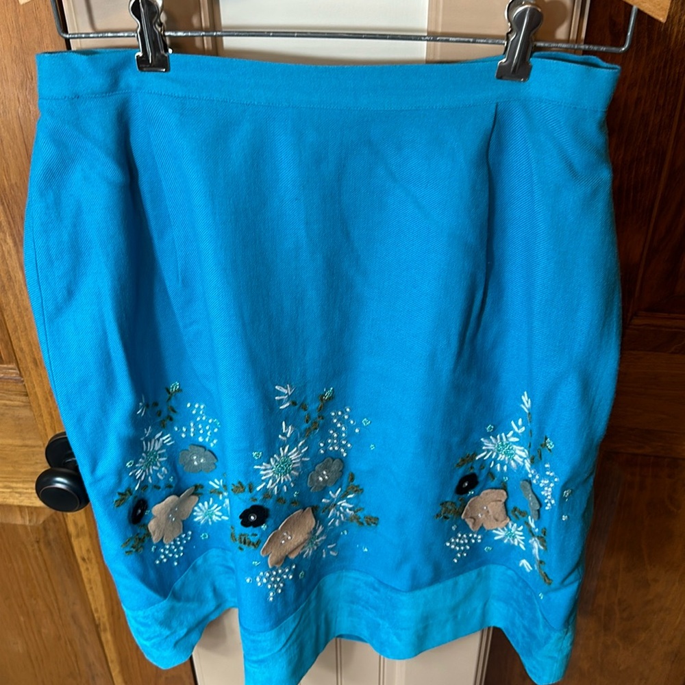 Anthropologie Plenty Tracy Reese Appliqué Wool Lined Turquoise Skirt - L